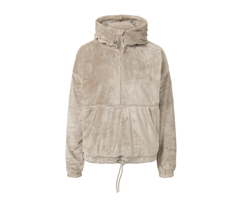 Beżowa pluszowa bluza z zamkiem błyskawicznym do połowy.