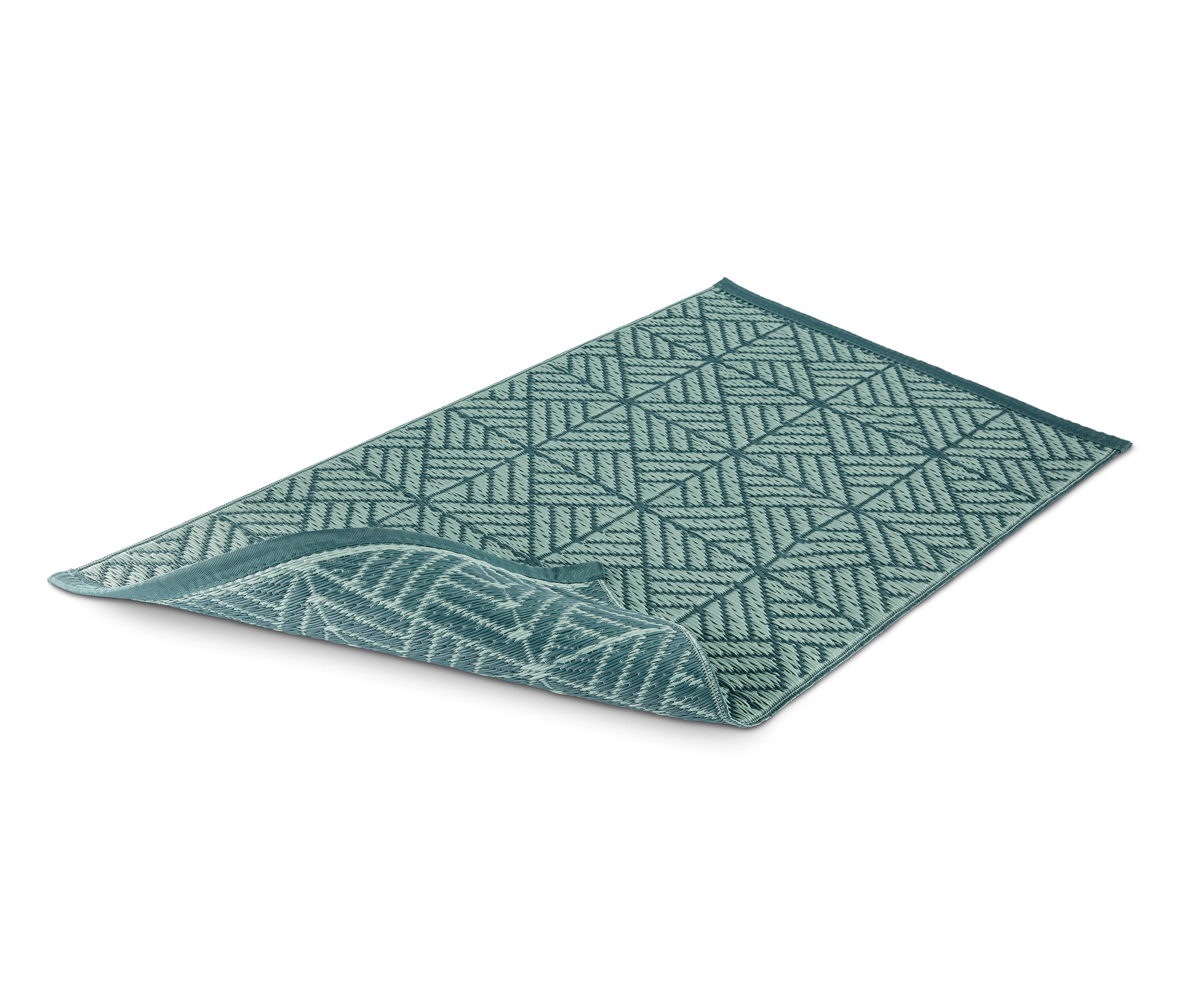 Zielony dywan do użytku na zewnątrz z geometrycznym wzorem.