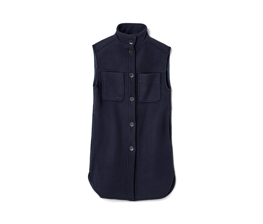 Granatowa, zapinana na guziki długa kamizelka NAH/STUDIO z wełny z recyklingu, z kieszeniami.