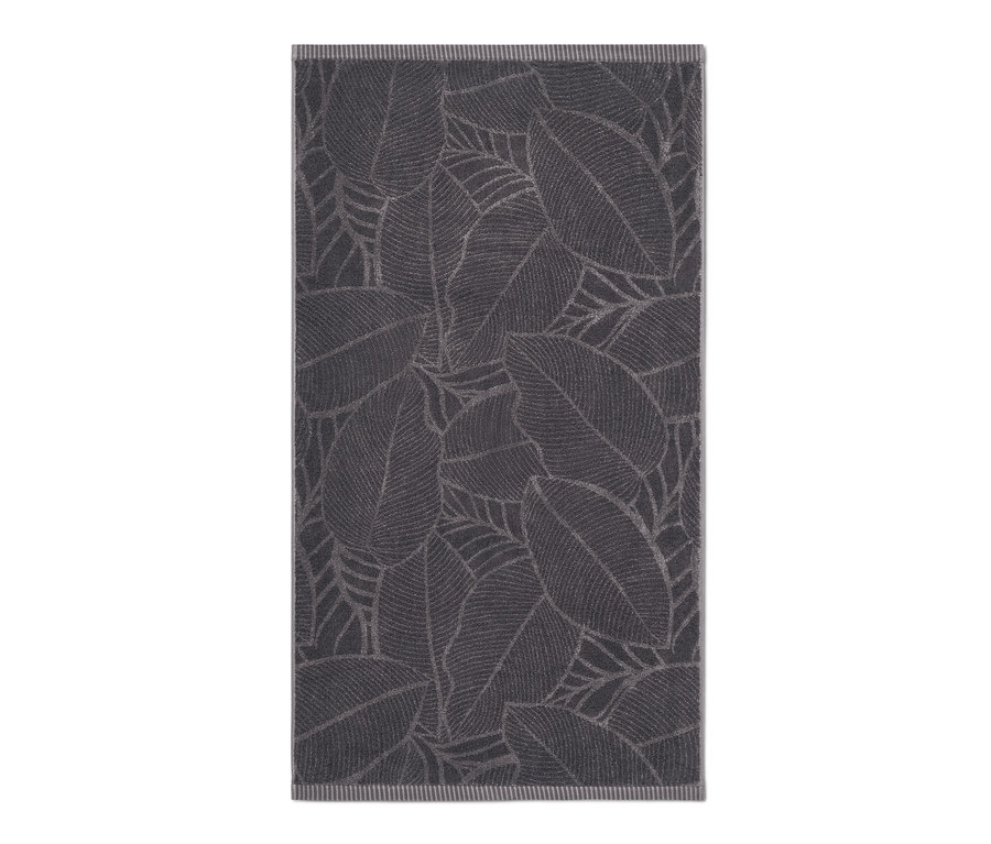 Antracytowy ręcznik kąpielowy żakardowy z motywem liści.