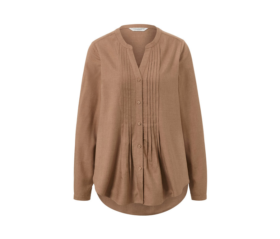Brązowa tunika z długimi rękawami i guzikami.