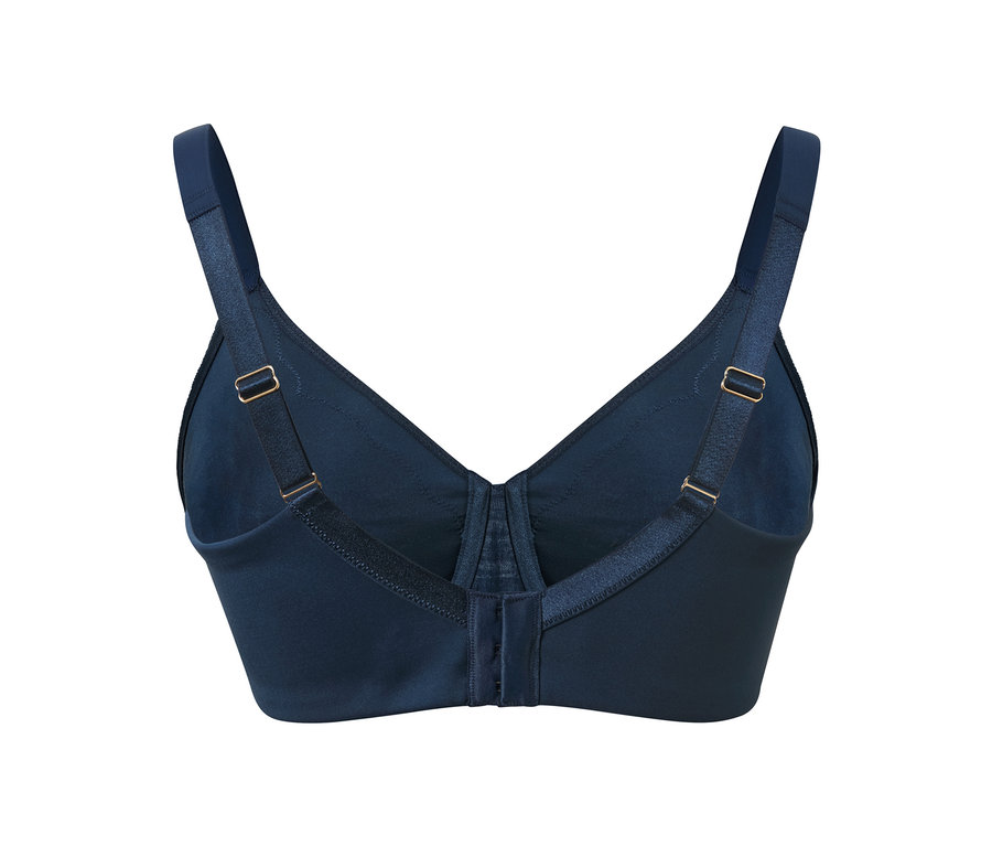 Niebieski biustonosz minimizer z zapięciem z tyłu i regulowanymi ramiączkami.