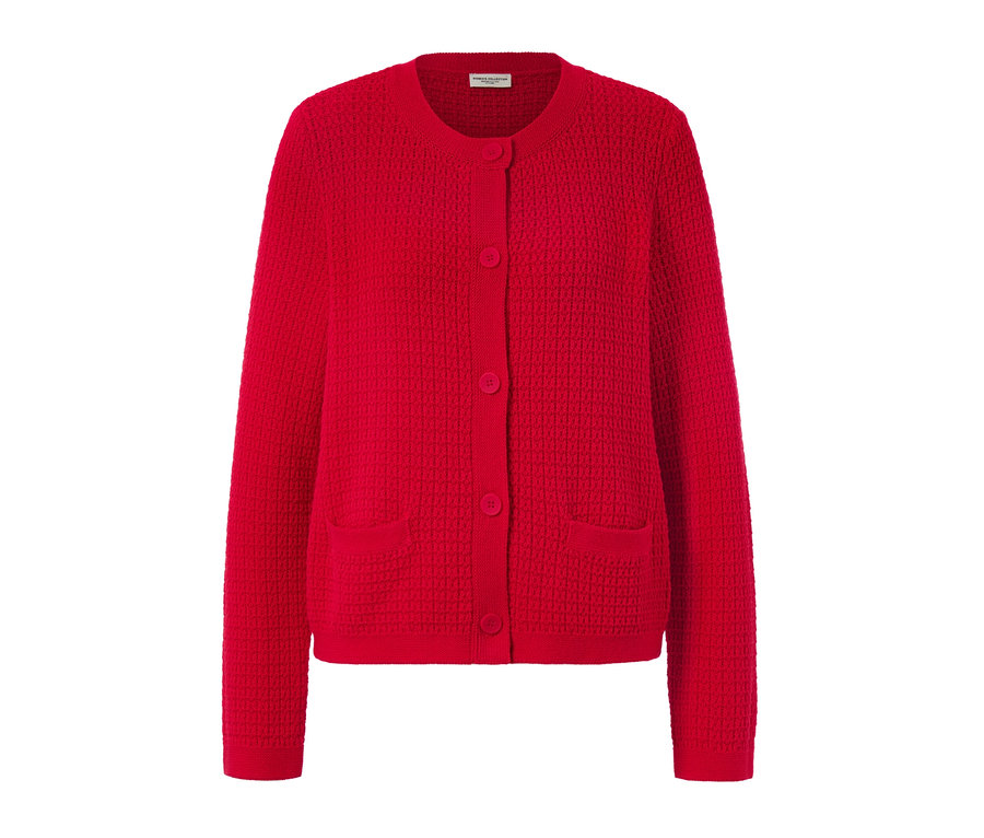 Czerwony, strukturalny kardigan z dzianiny, zapinany na guziki, z kieszeniami.