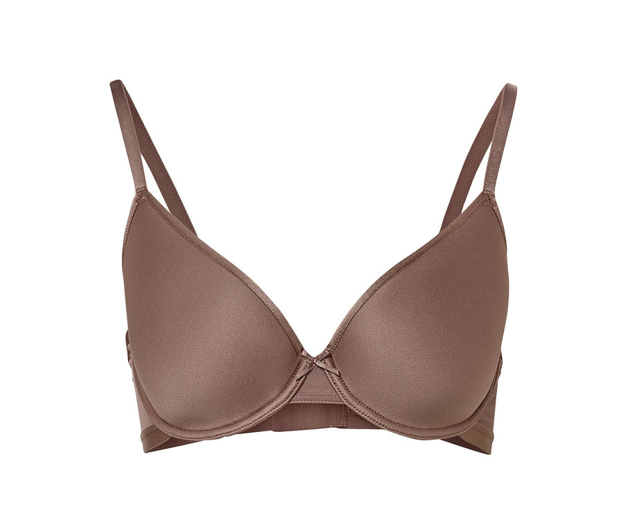 Beżowy biustonosz typu spacer na białym tle.