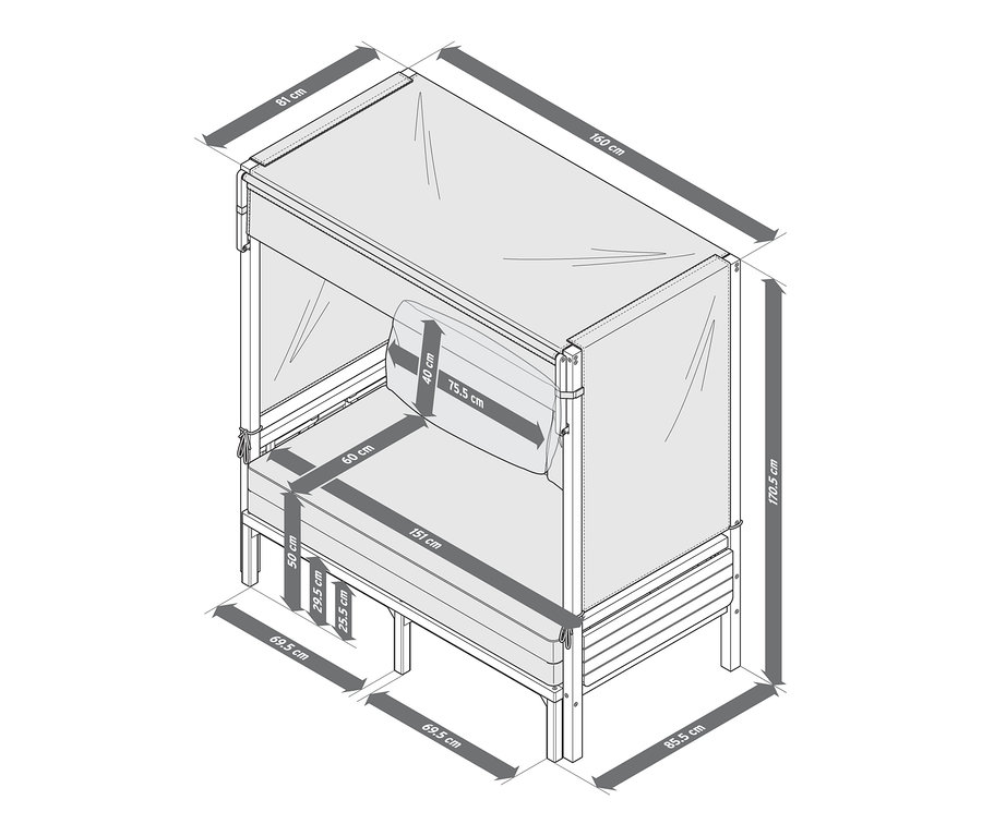 Rysunek kosza plażowego „Tinus” z wysuwanym podnóżkiem i wymiarami.