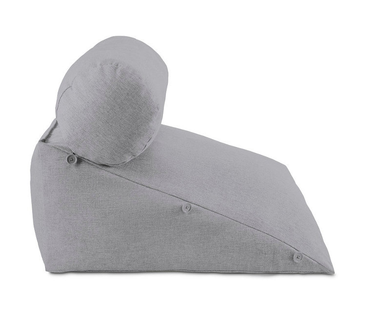 Szara poduszka pod plecy z wałkiem pod kark.