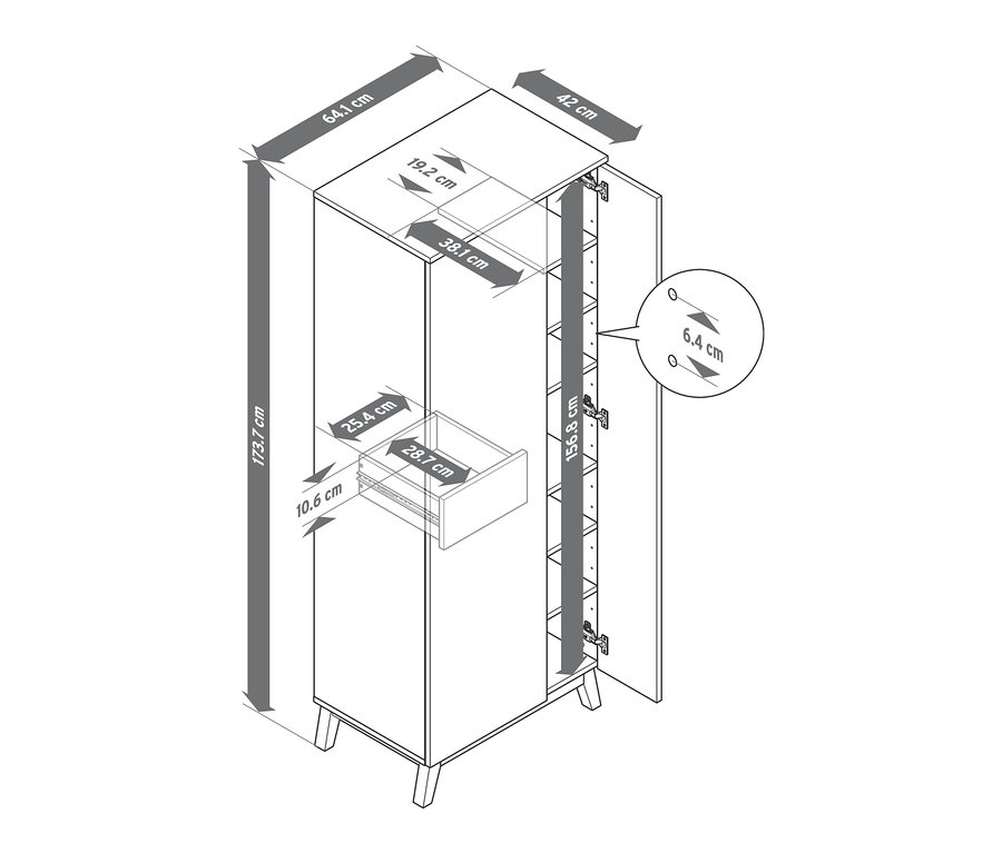 Rysunek szafy wielofunkcyjnej z wymiarami.