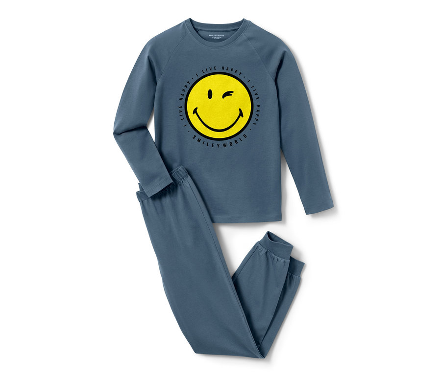 Niebieska piżama dziecięca „Smiley”, 2 zestawy, z długim rękawem i żółtą buźką.