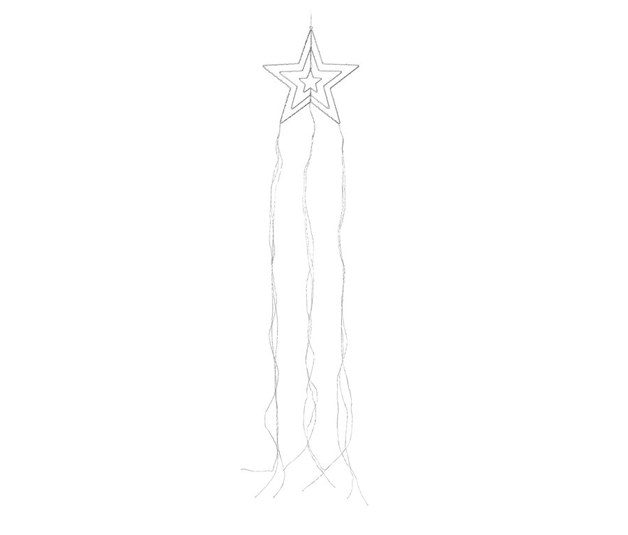 Gwiazda LED z wiązką świetlną zwisa na białym tle.