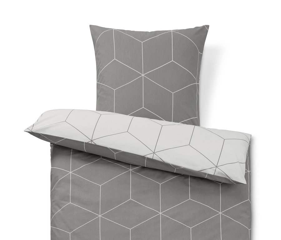 Szara pościel z bawełny renforcé w geometryczny wzór.