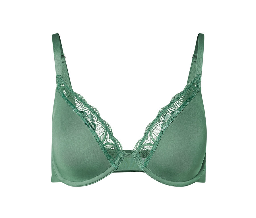 Zielony biustonosz na fiszbinach z koronkowym wykończeniem.