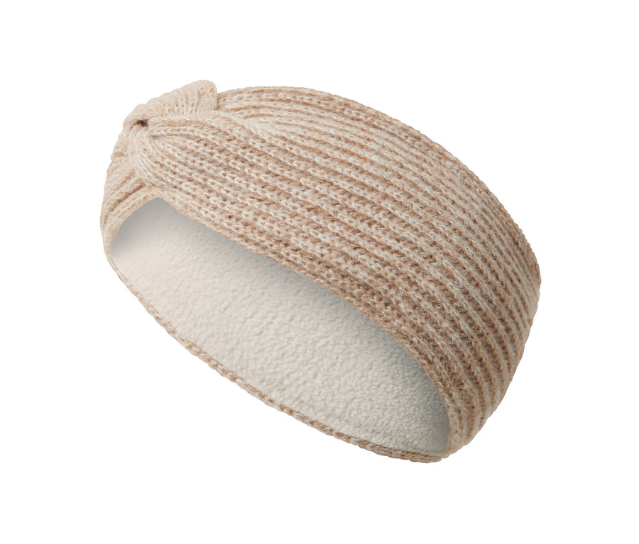 Piaskowa opaska z dzianiny na białym tle.