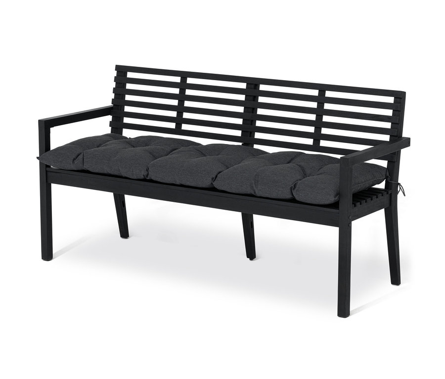 Czarna ławka ogrodowa z podłokietnikiem i szarą poduszką.