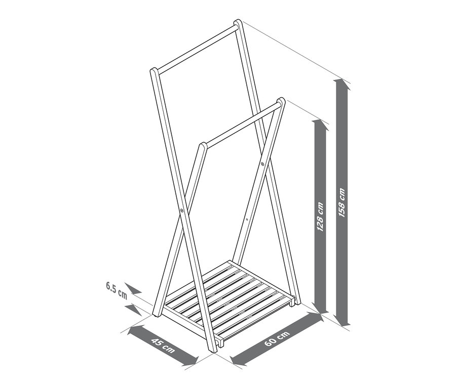 Szkic wieszaka na ubrania z litego drewna z wymiarami.