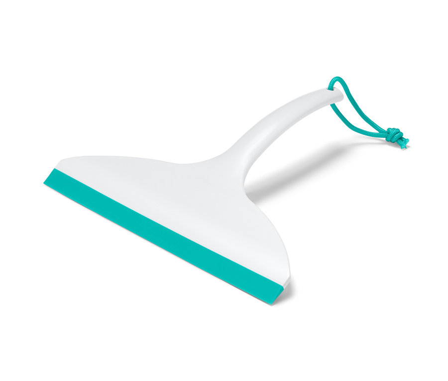 Biała ściągaczka do wody z turkusową gumową krawędzią i sznurkiem.