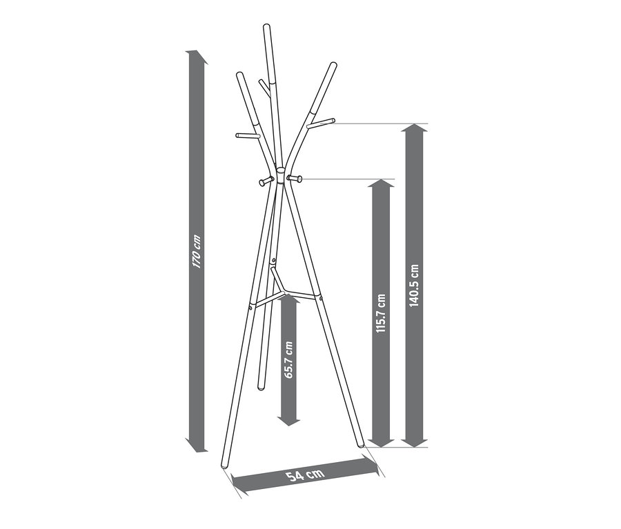 Schemat wieszaka na ubrania z wymiarami.