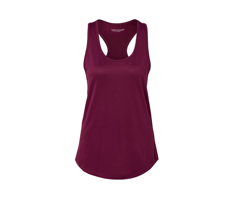 Zbliżenie na jeden z topów funkcyjnych z dwuczęściowego zestawu w kolorze różowym i jagodowym.