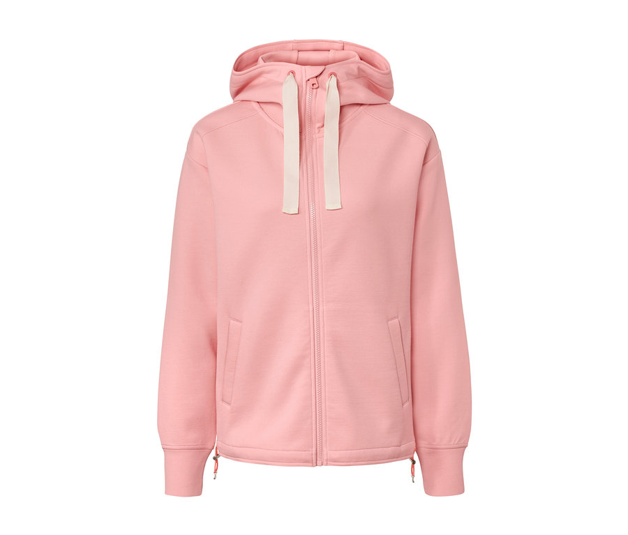 Różowa bluza dresowa z kapturem zapinana na zamek błyskawiczny pośrodku.