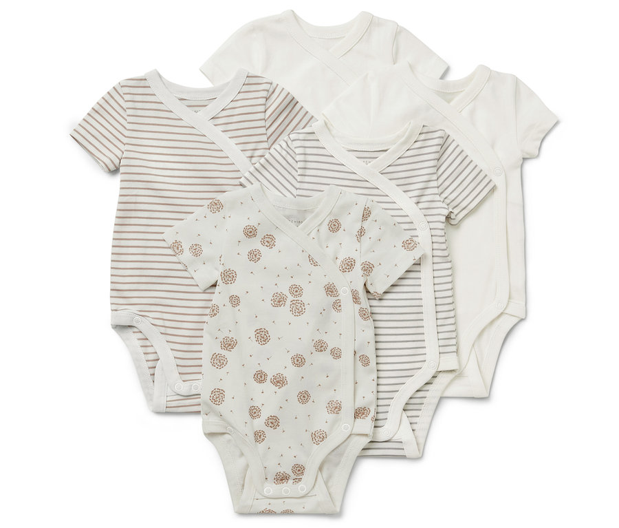 Pięć body z krótkim rękawem: jedno białe, dwa w brązowe i szare paski, jedno w brązowe kwiaty.