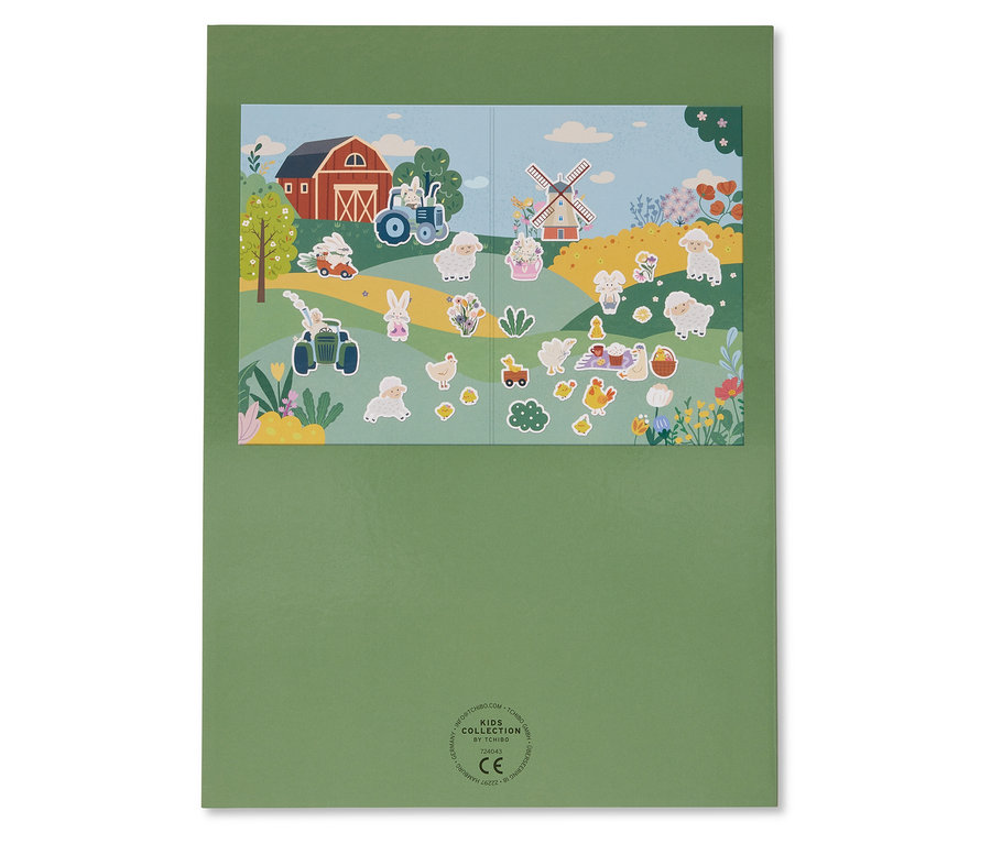 Arkusze naklejek z motywami wiejskimi, w tym owce, wiatrak i traktor.