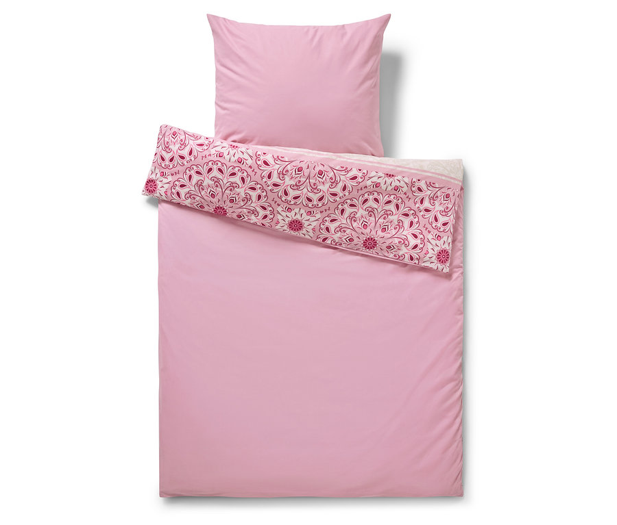 Różowa pościel renforcé z mandalą w standardowym rozmiarze i zielona pościel renforcé z mandalą w dużym rozmiarze.