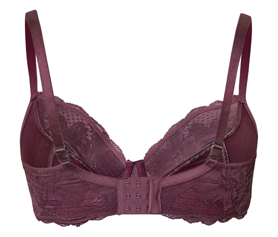 Szczegółowy widok z tyłu bordowego biustonosza z koronką.