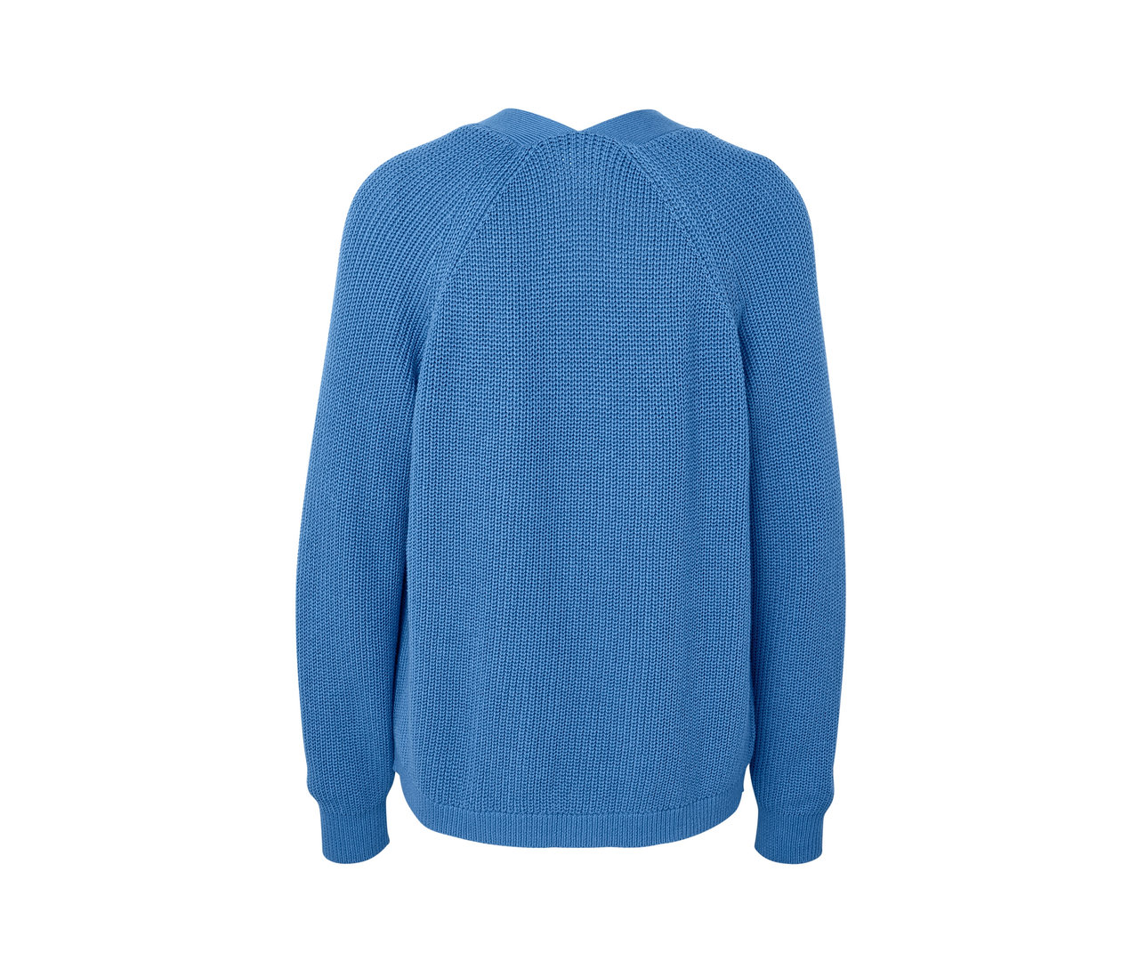 Widok z tyłu niebieskiego kardiganu.