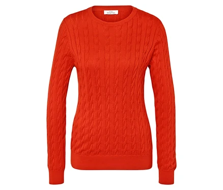 Pomarańczowy sweter z dzianiny z długimi rękawami.
