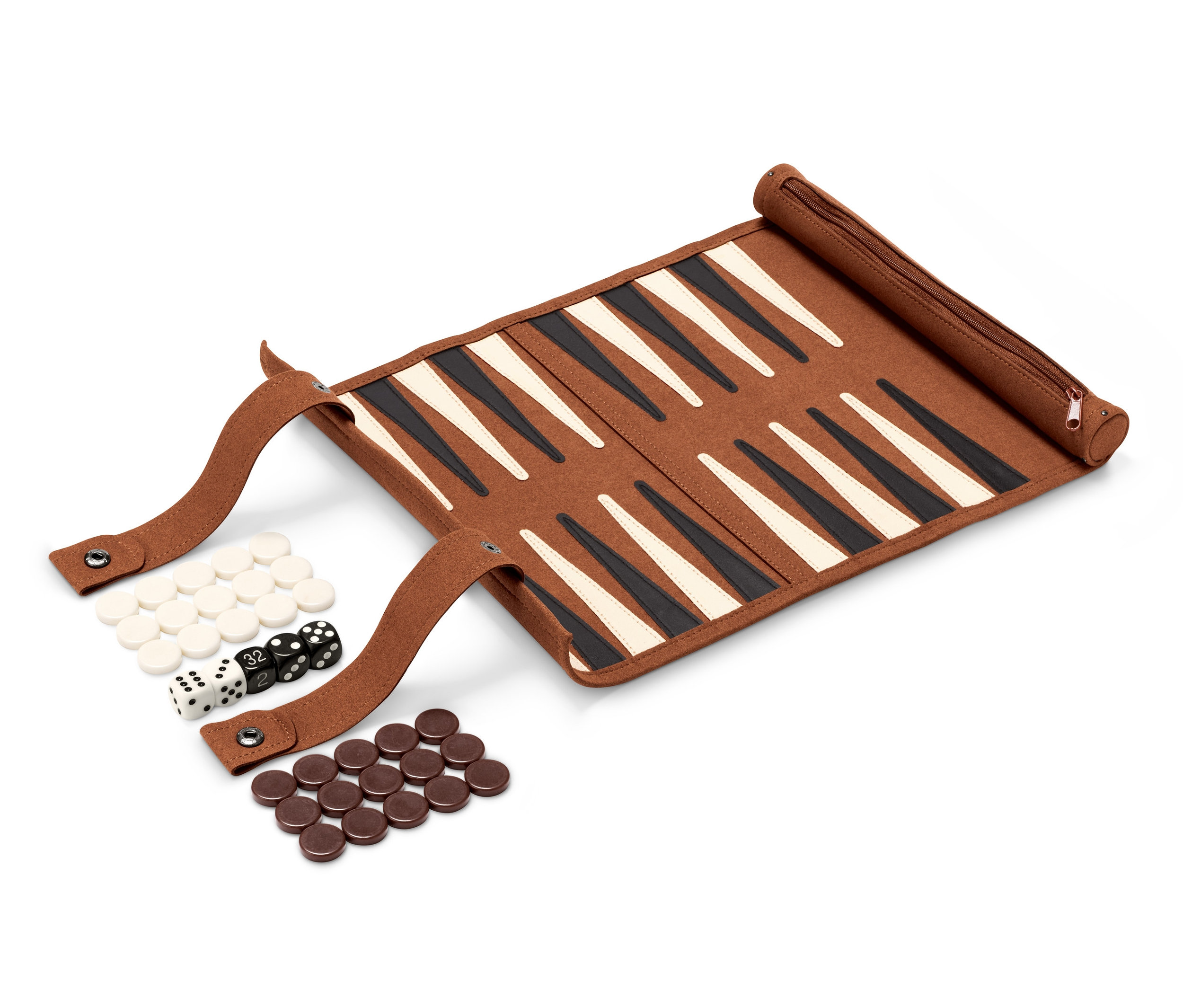 Rozłożona gra tryktrak ze zwijaną planszą, pionkami i kostkami.