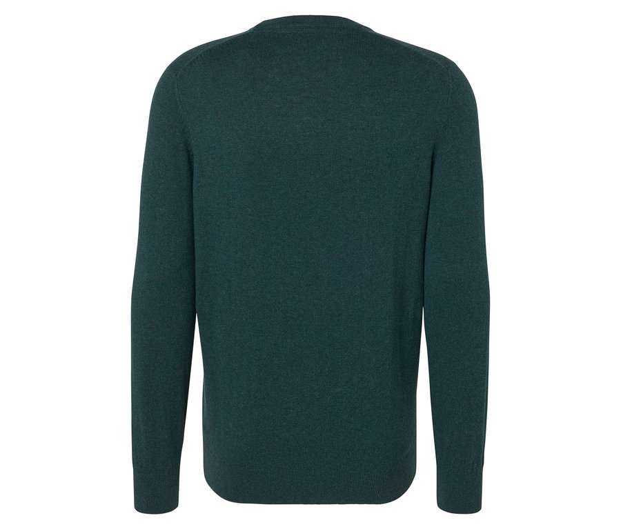 Widok z tyłu zielonego swetra z długim rękawem.