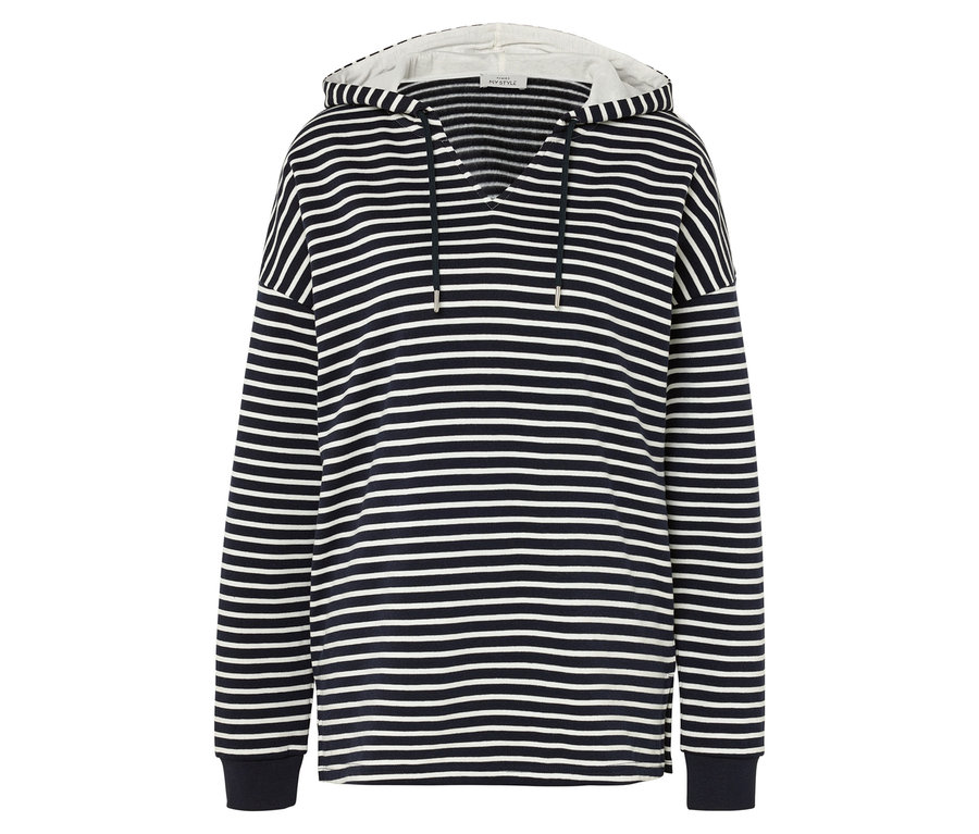 Bluza z kapturem w paski w kolorze granatowym i białym.