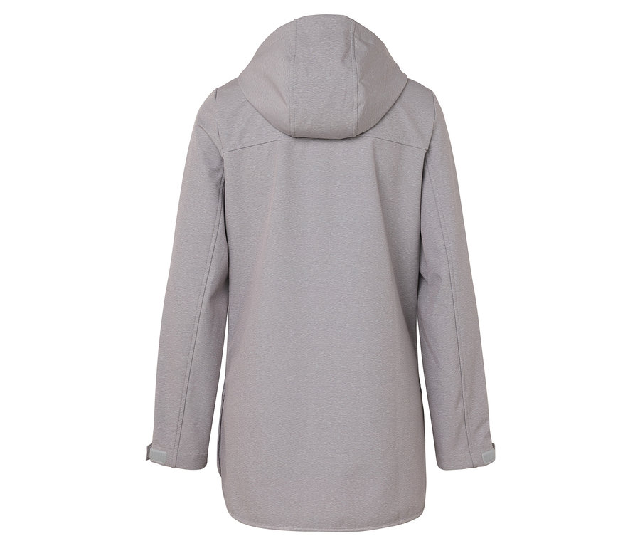 Widok z tyłu szarej kurtki softshell z kapturem.