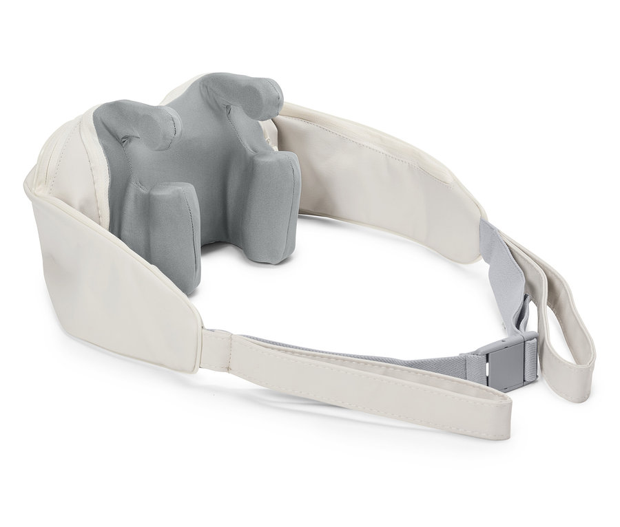 Biały pas na szyję z szarą wyściółką leży na białej powierzchni.