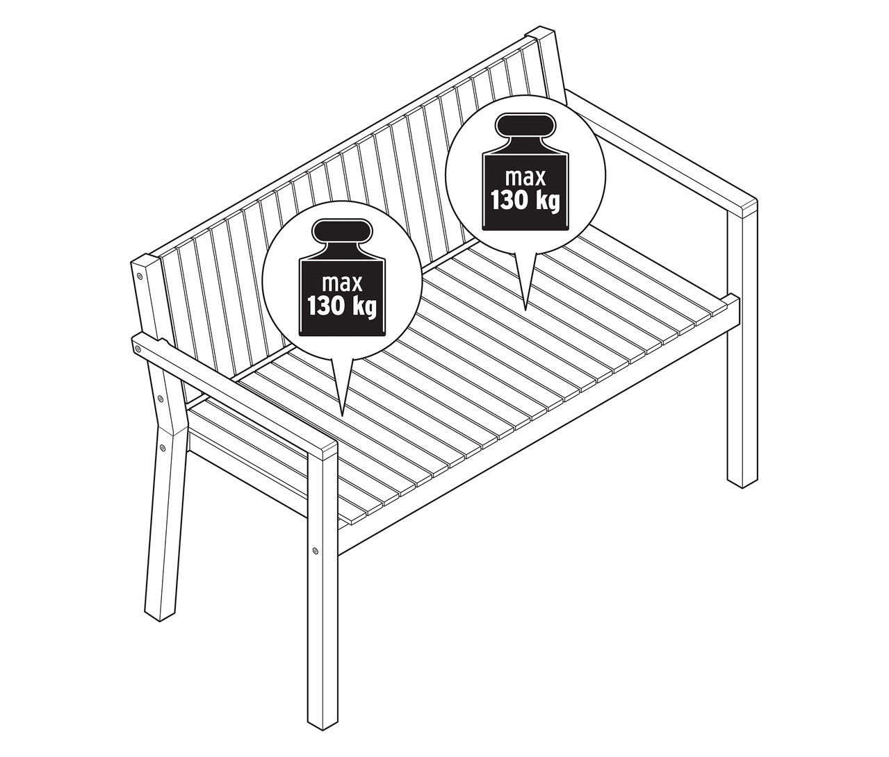 Widok z góry na ławkę ogrodową o długości około 120 cm ze wskazówkami dotyczącymi maksymalnej wagi.