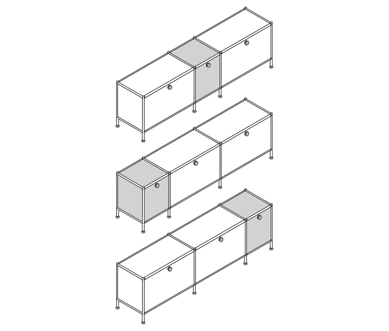 Trzy niskie komody »CN3« z 3 klapami każda, w kolorach czarnym, białym i szarym.