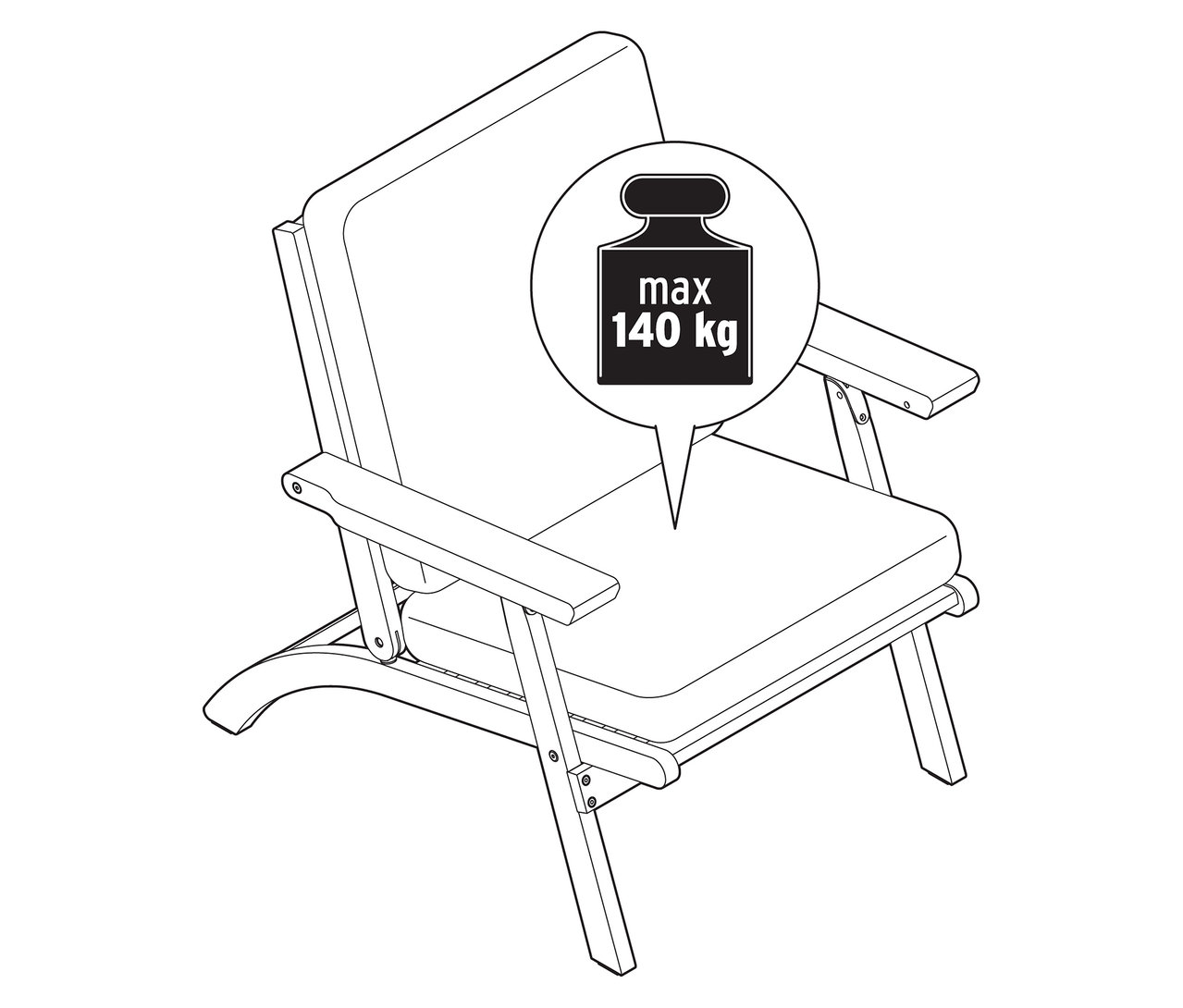 Ilustracja składanego fotela ogrodowego z poduszkami premium, będącego częścią 4-częściowego zestawu, o maksymalnym obciążeniu 140 kg.