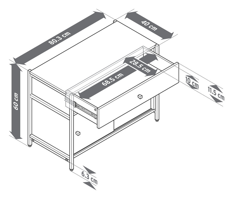 Widok z góry komody „GRADE” z szufladą i przesuwanymi drzwiami, z wymiarami.