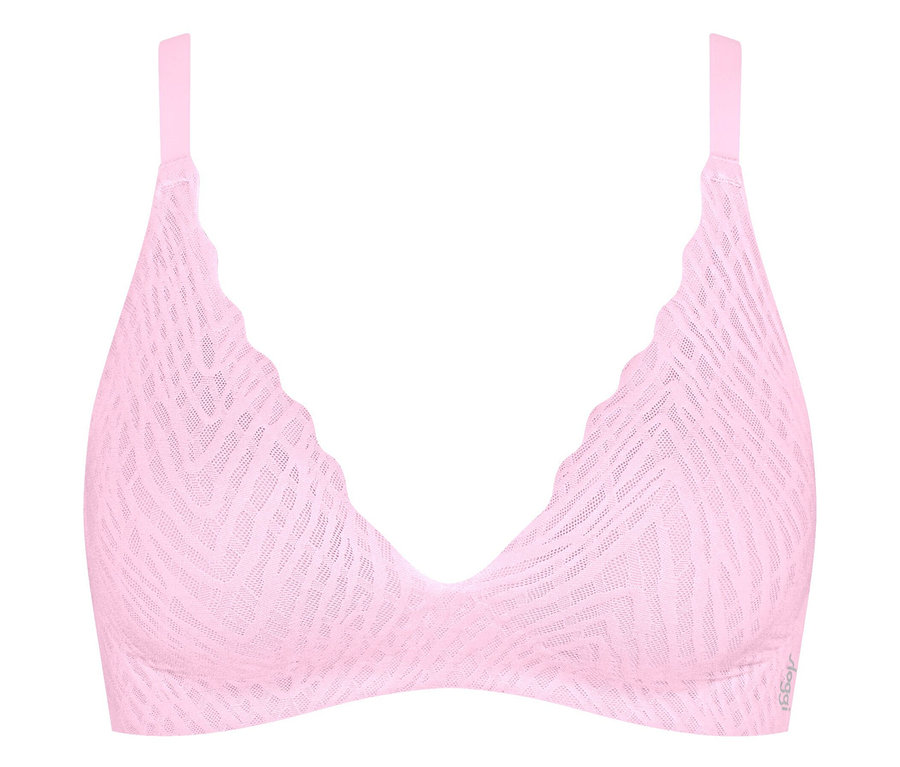 Różowy biustonosz ze wzorem na białym tle.