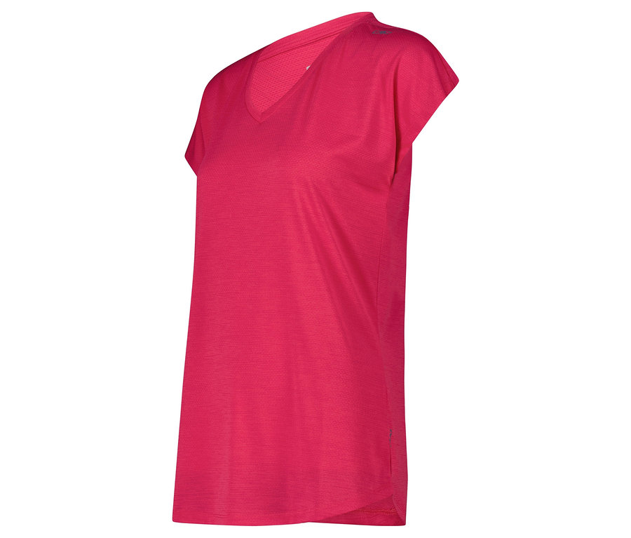 Różowa koszulka sportowa z krótkim rękawem i dekoltem w serek.