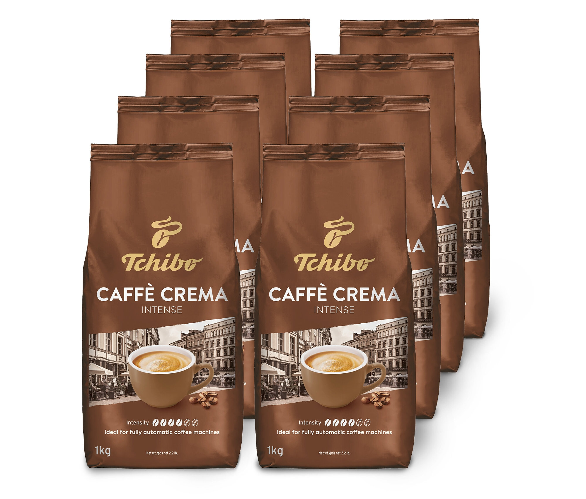 Osiem brązowych opakowań kawy ziarnistej Tchibo Caffè Crema Intense ustawionych w dwóch rzędach na białym tle.