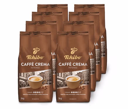 Osiem brązowych opakowań kawy ziarnistej Tchibo Caffè Crema Intense ustawionych w dwóch rzędach na białym tle.