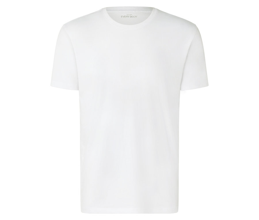 Biały T-shirt marki EVERY BODY leży na białym tle.