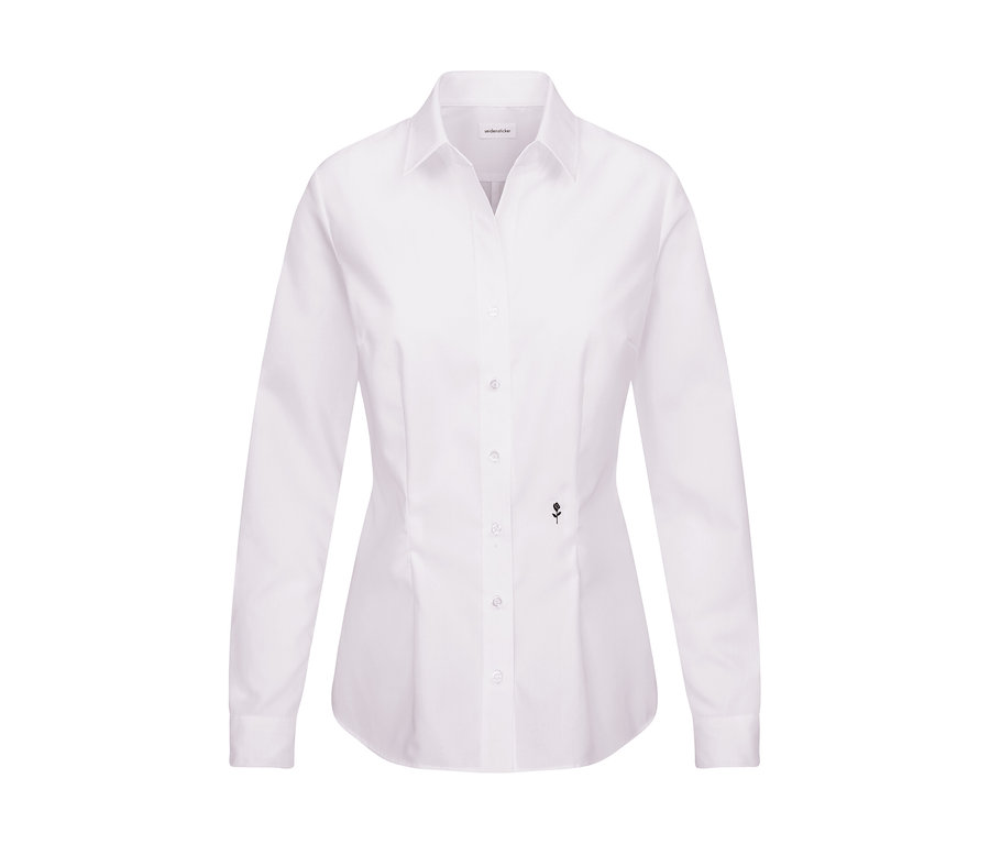 Biała bluzka Seidensticker Slim Fit non iron z długimi rękawami, kołnierzykiem, guzikami i małym czarnym logo róży.