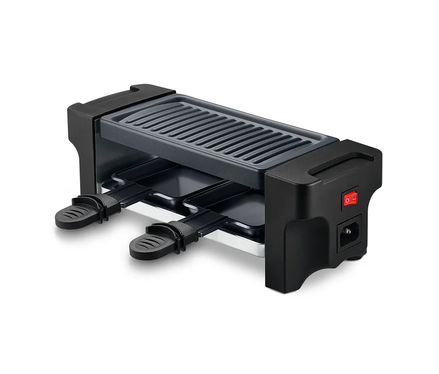 Czarny grill do raclette dla dwóch osób z włącznikiem.