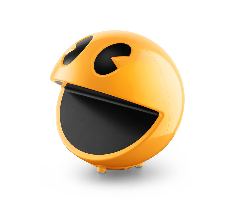Żółta lampa Pac-Man na białym tle.