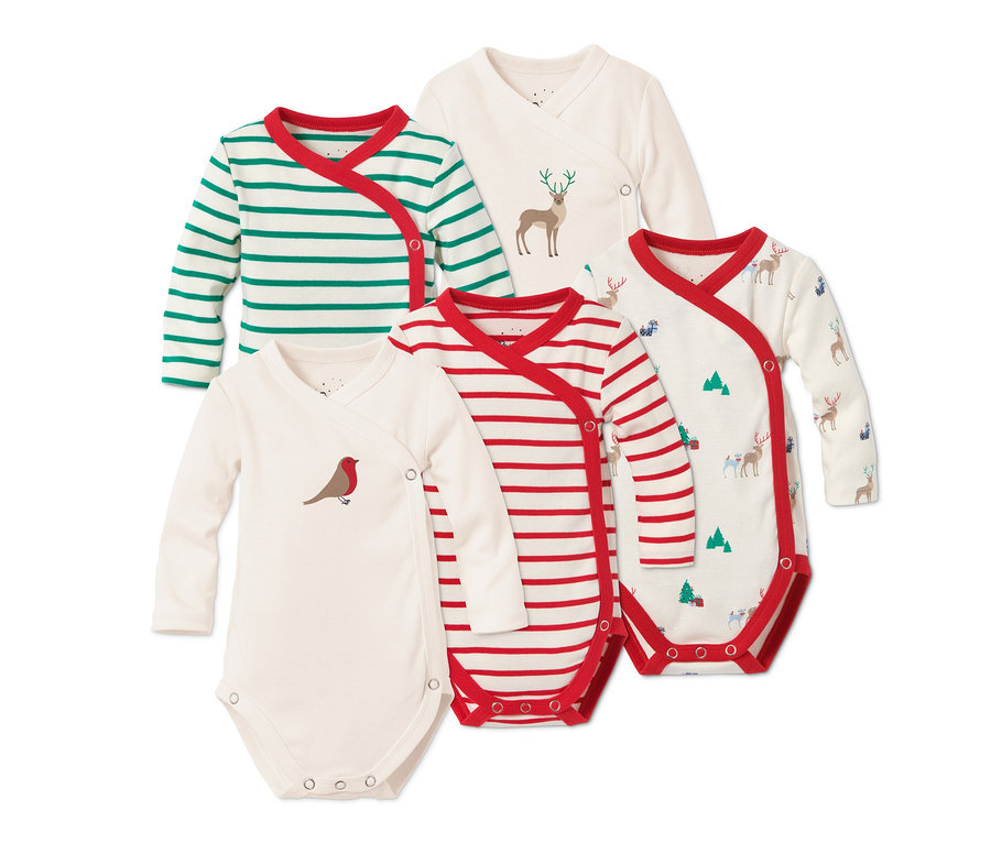 Pięć sztuk body z długim rękawem z bawełny ekologicznej z motywami świątecznymi.