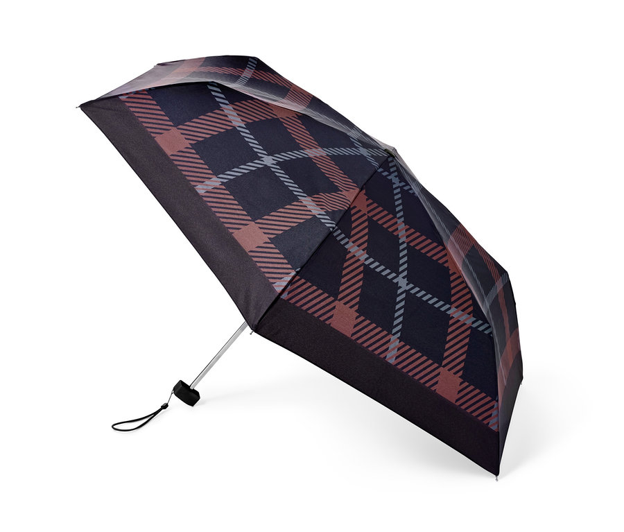 Rozłożony parasol kieszonkowy we wzór w kratę.