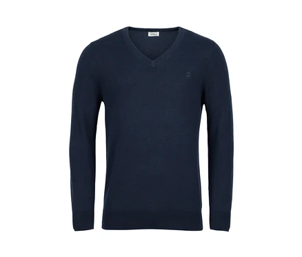 Granatowy sweter lniany z dekoltem w serek.