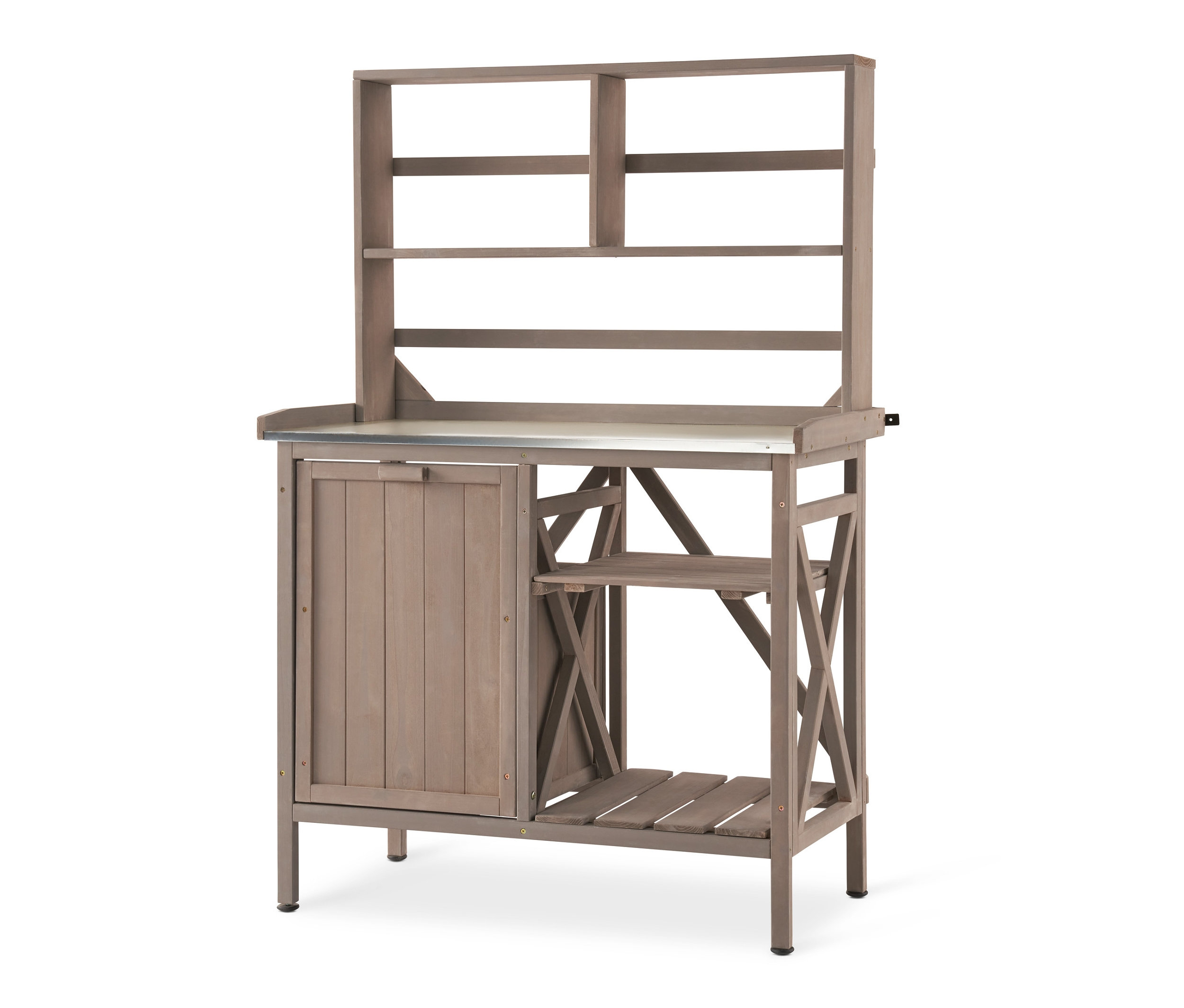 Szary stół na rośliny z regałem »JONTE« i drzwiami.