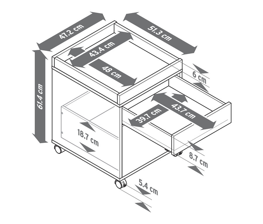 Schemat kontenera na kółkach z półką i wymiarami.